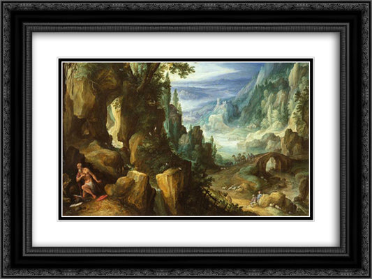 Landscape with St. Jerome and rocky crag 24x18 Black Ornate Wood Framed Art Print Poster with Double Matting by Bril, Paul