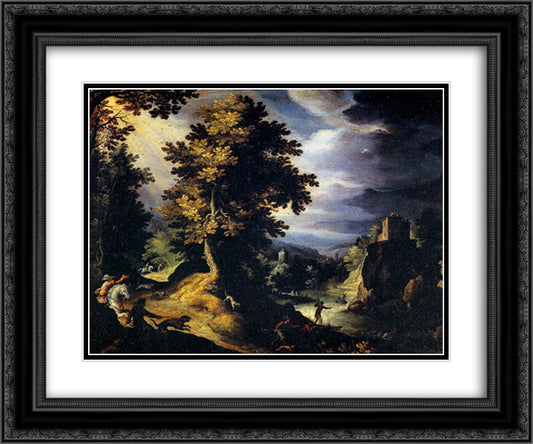 Landscape with Stag Hunt 24x20 Black Ornate Wood Framed Art Print Poster with Double Matting by Bril, Paul