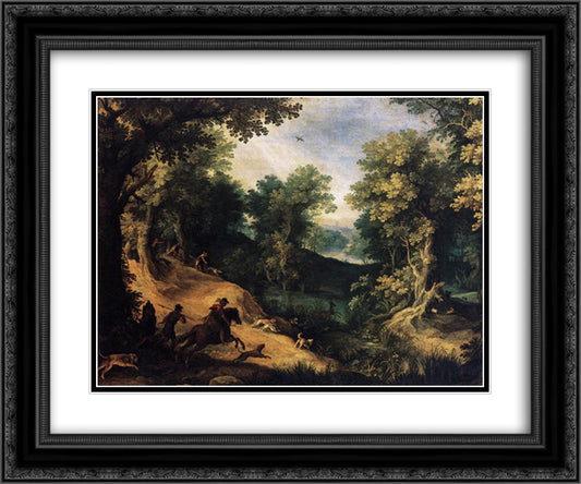 The Stag Hunt 24x20 Black Ornate Wood Framed Art Print Poster with Double Matting by Bril, Paul