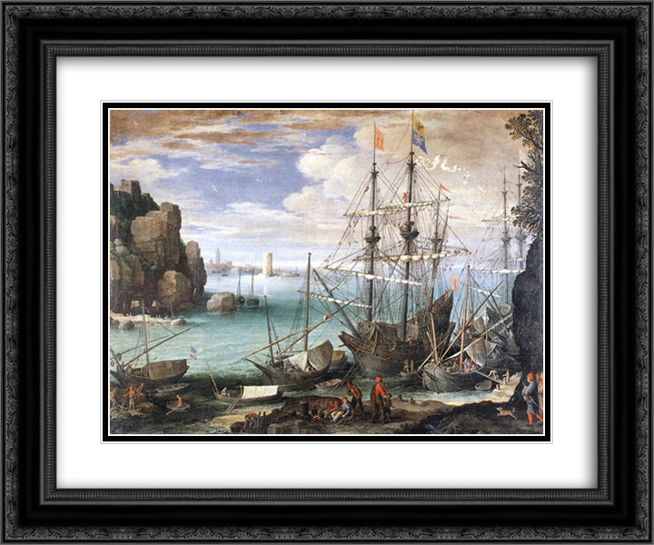 View of a Port 24x20 Black Ornate Wood Framed Art Print Poster with Double Matting by Bril, Paul
