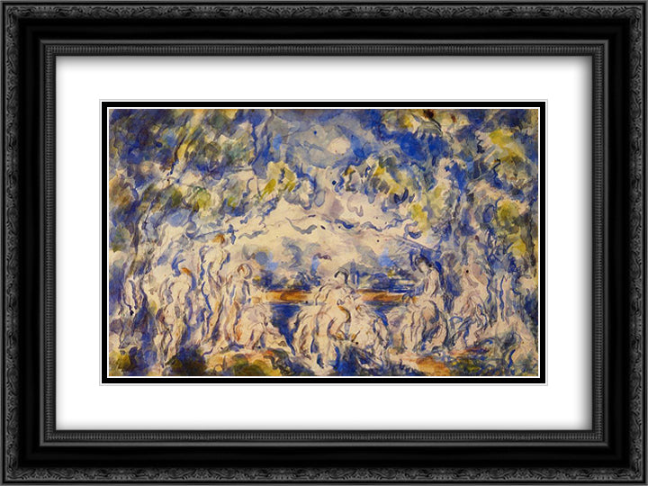 Bathers. Mont Sainte-Victoire in the Background 24x18 Black Ornate Wood Framed Art Print Poster with Double Matting by Cezanne, Paul