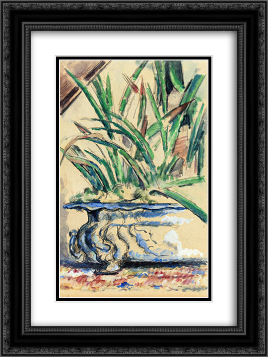 Blue Flowerpot 18x24 Black Ornate Wood Framed Art Print Poster with Double Matting by Cezanne, Paul