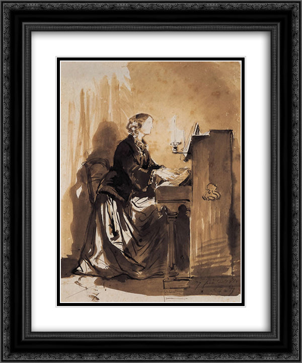 Countess Potocka Playing Piano 20x24 Black Ornate Wood Framed Art Print Poster with Double Matting by Delaroche, Paul