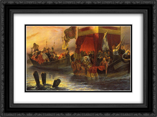 The State Barge of Cardinal Richelieu on the Rhone 24x18 Black Ornate Wood Framed Art Print Poster with Double Matting by Delaroche, Paul