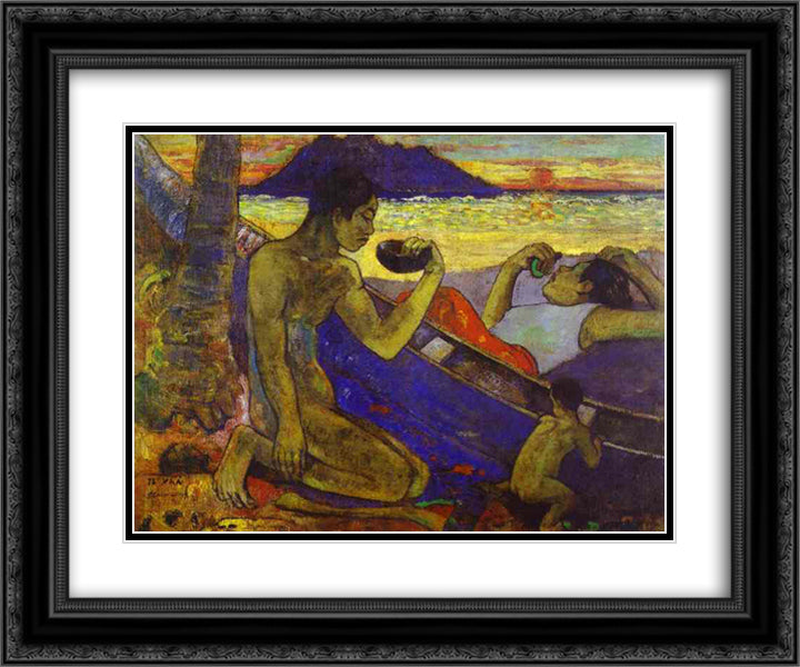A Canoe (Tahitian Family), 24x20 Black Ornate Wood Framed Art Print Poster with Double Matting by Gauguin, Paul