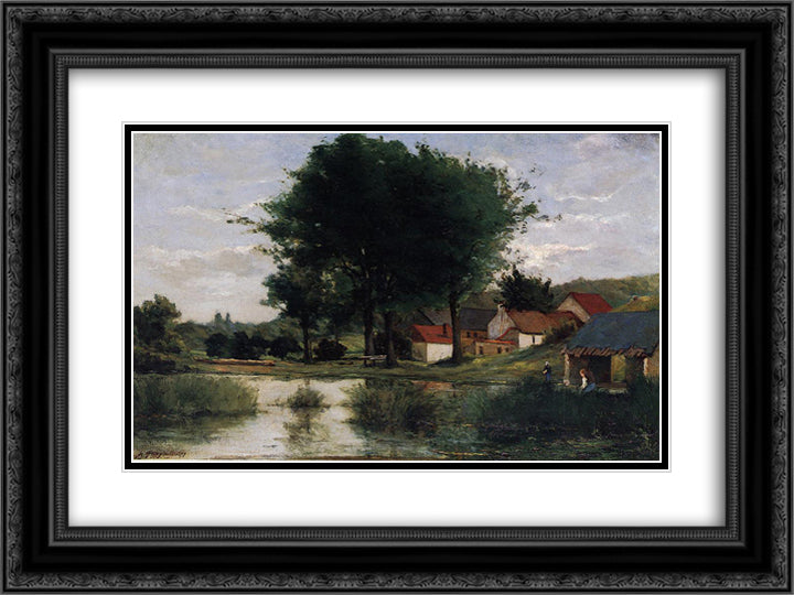 Autumn Landscape (Farm and pond) 24x18 Black Ornate Wood Framed Art Print Poster with Double Matting by Gauguin, Paul