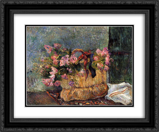 Basket of flowers 24x20 Black Ornate Wood Framed Art Print Poster with Double Matting by Gauguin, Paul