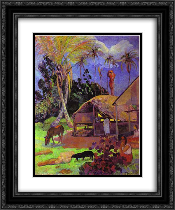 Black pigs 20x24 Black Ornate Wood Framed Art Print Poster with Double Matting by Gauguin, Paul