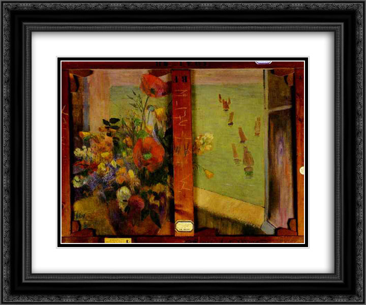 Bouquet of Flowers with a Window Open to the Sea (Reverse of Hay-Making in Brittany) 24x20 Black Ornate Wood Framed Art Print Poster with Double Matting by Gauguin, Paul