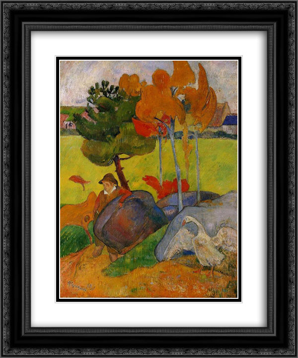 Breton Boy in a Landscape with Goose 20x24 Black Ornate Wood Framed Art Print Poster with Double Matting by Gauguin, Paul
