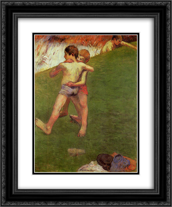Breton Boys Wrestling 20x24 Black Ornate Wood Framed Art Print Poster with Double Matting by Gauguin, Paul