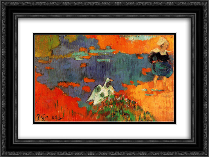 Breton Woman and Goose by the Water 24x18 Black Ornate Wood Framed Art Print Poster with Double Matting by Gauguin, Paul