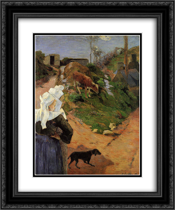 Breton Women at the Turn 20x24 Black Ornate Wood Framed Art Print Poster with Double Matting by Gauguin, Paul