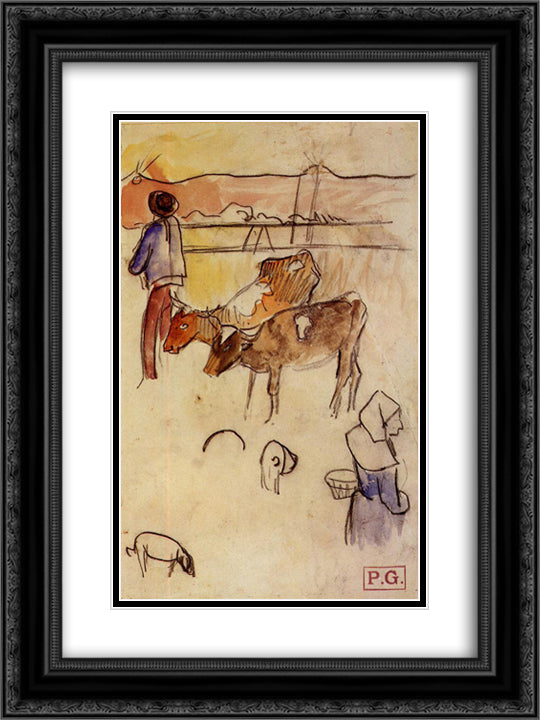 Bretons and cows 18x24 Black Ornate Wood Framed Art Print Poster with Double Matting by Gauguin, Paul