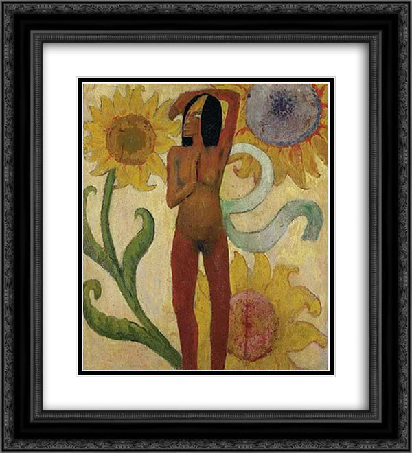 Caribbean Woman, or Female Nude with Sunflowers 20x22 Black Ornate Wood Framed Art Print Poster with Double Matting by Gauguin, Paul