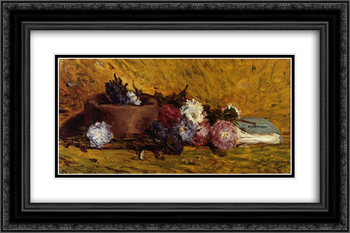 China Asters, Hat and Book 24x16 Black Ornate Wood Framed Art Print Poster with Double Matting by Gauguin, Paul