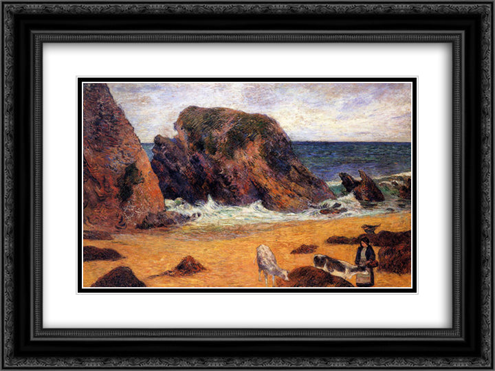 Cows on the Seashore 24x18 Black Ornate Wood Framed Art Print Poster with Double Matting by Gauguin, Paul