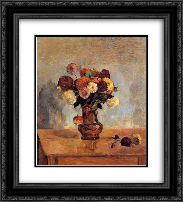 Dahlias in a copper vase 20x22 Black Ornate Wood Framed Art Print Poster with Double Matting by Gauguin, Paul