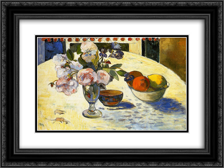 Flowers in a fruit bowl 24x18 Black Ornate Wood Framed Art Print Poster with Double Matting by Gauguin, Paul