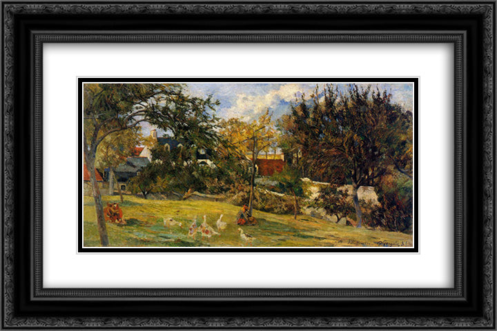 Geese in the meadow 24x16 Black Ornate Wood Framed Art Print Poster with Double Matting by Gauguin, Paul
