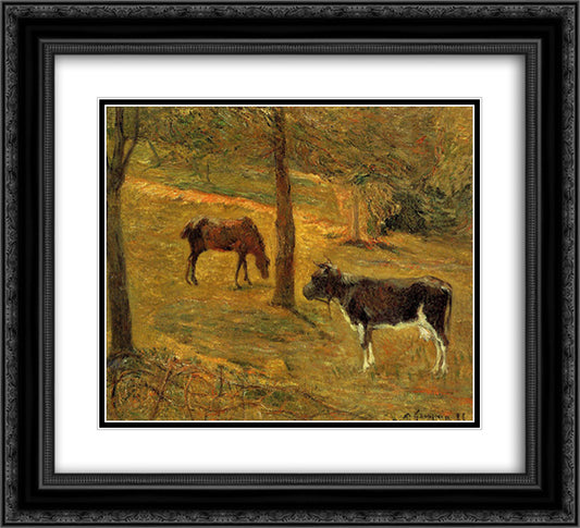 Horse and Cow in a Meadow 22x20 Black Ornate Wood Framed Art Print Poster with Double Matting by Gauguin, Paul