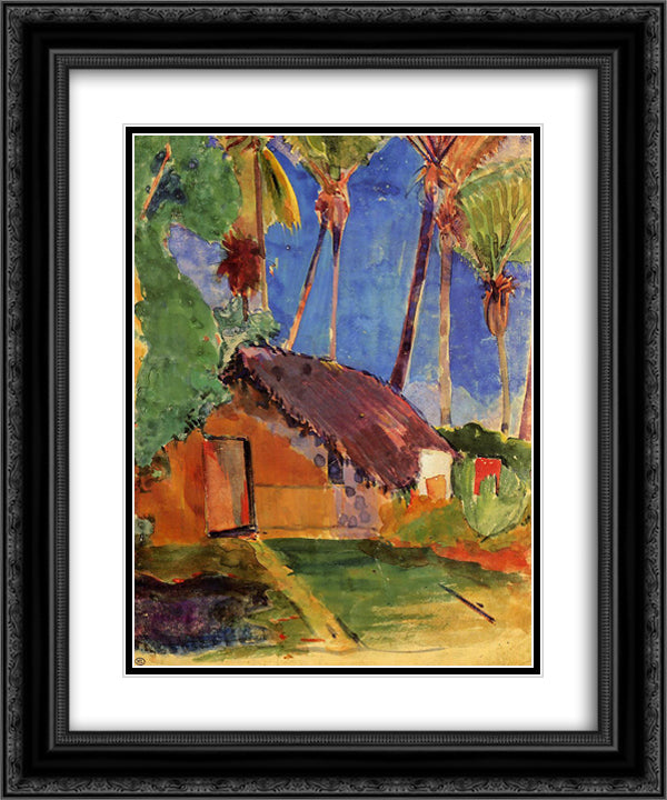 Hut under the coconut palms 20x24 Black Ornate Wood Framed Art Print Poster with Double Matting by Gauguin, Paul
