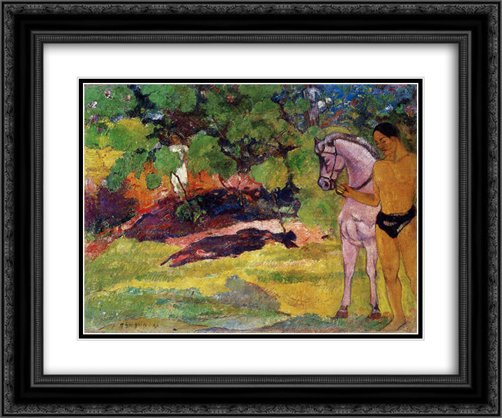 In the Vanilla Grove, Man and Horse (The Rendezvous) 24x20 Black Ornate Wood Framed Art Print Poster with Double Matting by Gauguin, Paul