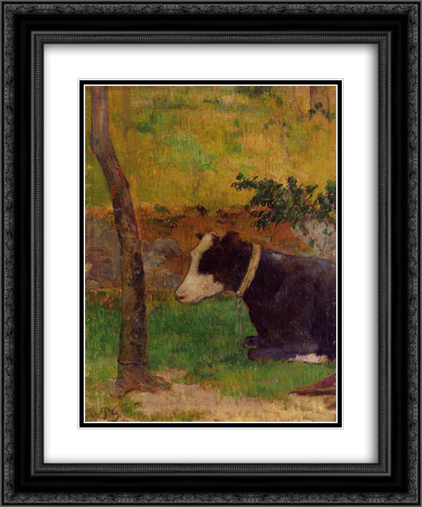 Kneeling cow 20x24 Black Ornate Wood Framed Art Print Poster with Double Matting by Gauguin, Paul
