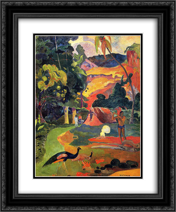 Landscape with peacocks 20x24 Black Ornate Wood Framed Art Print Poster with Double Matting by Gauguin, Paul
