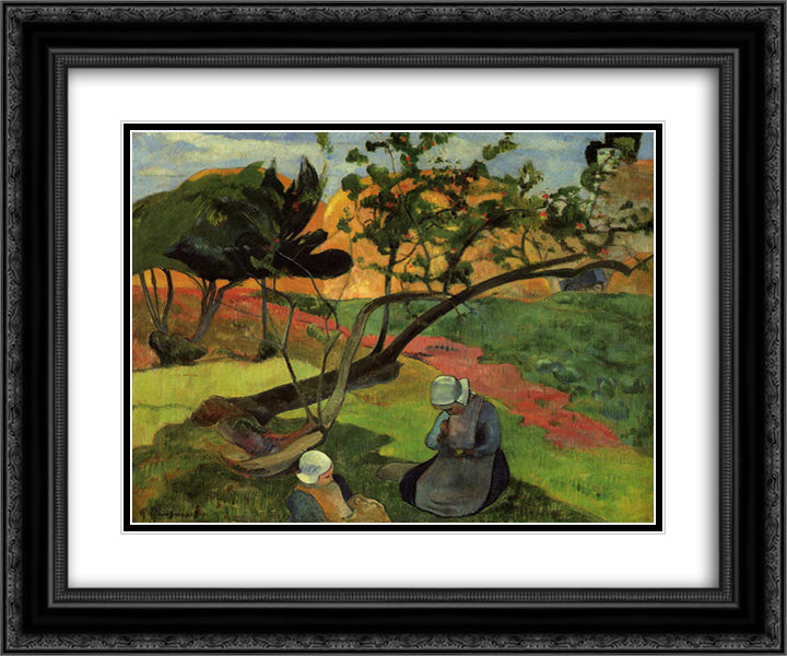 Landscape with two breton women 24x20 Black Ornate Wood Framed Art Print Poster with Double Matting by Gauguin, Paul