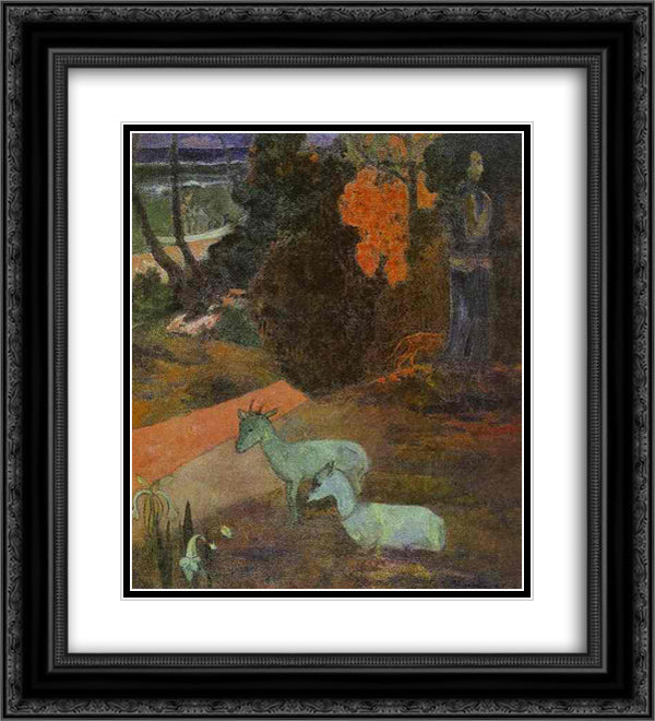 Landscape with two goats 20x22 Black Ornate Wood Framed Art Print Poster with Double Matting by Gauguin, Paul
