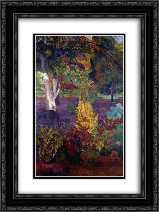 Marquesan landscape with horses 18x24 Black Ornate Wood Framed Art Print Poster with Double Matting by Gauguin, Paul