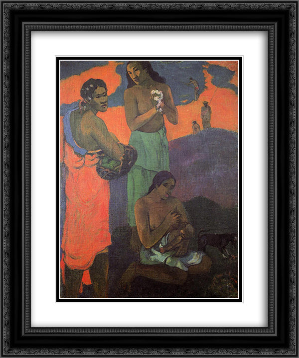 Maternity (Three Women on the Seashore) 20x24 Black Ornate Wood Framed Art Print Poster with Double Matting by Gauguin, Paul