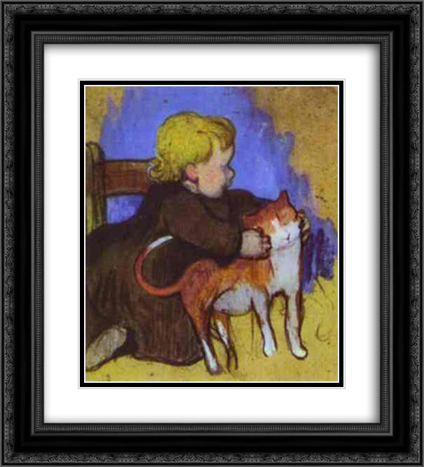 Mimi and her Cat 20x22 Black Ornate Wood Framed Art Print Poster with Double Matting by Gauguin, Paul