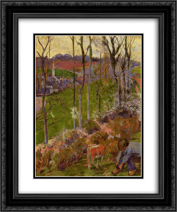 Petit Breton arranging his shoe, or Landscape at Pont-Aven, Brittany 20x24 Black Ornate Wood Framed Art Print Poster with Double Matting by Gauguin, Paul