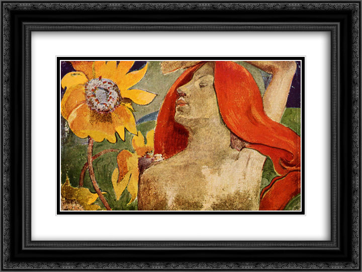 Redheaded woman and sunflowers 24x18 Black Ornate Wood Framed Art Print Poster with Double Matting by Gauguin, Paul