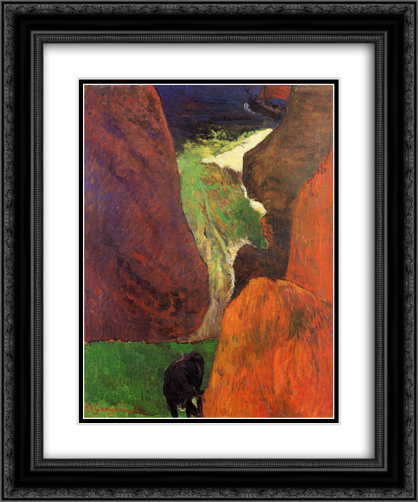 Seascape with cow on the edge of a cliff 20x24 Black Ornate Wood Framed Art Print Poster with Double Matting by Gauguin, Paul
