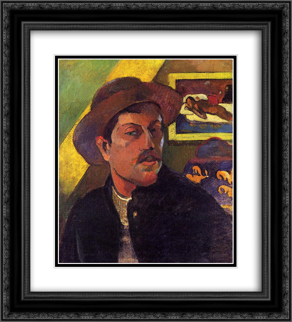 Self Portrait in a Hat 20x22 Black Ornate Wood Framed Art Print Poster with Double Matting by Gauguin, Paul