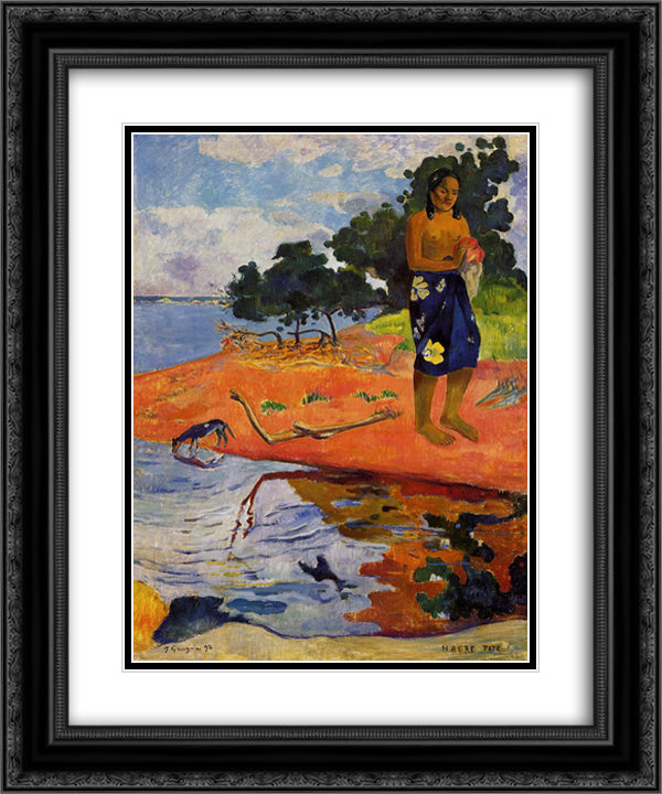 She goes down to the fresh water (Haere Pape) 20x24 Black Ornate Wood Framed Art Print Poster with Double Matting by Gauguin, Paul