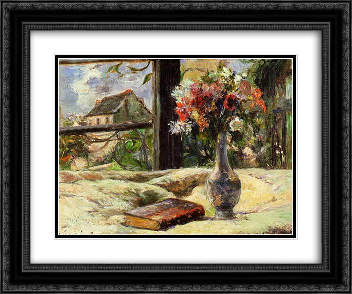 Still life. Vase with flowers on the window 24x20 Black Ornate Wood Framed Art Print Poster with Double Matting by Gauguin, Paul