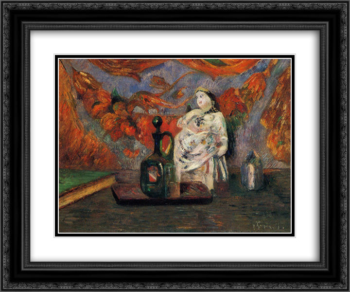 Still life with carafe and ceramic figure 24x20 Black Ornate Wood Framed Art Print Poster with Double Matting by Gauguin, Paul