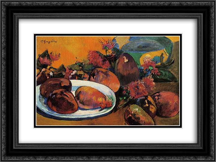 Still life with mangoes 24x18 Black Ornate Wood Framed Art Print Poster with Double Matting by Gauguin, Paul