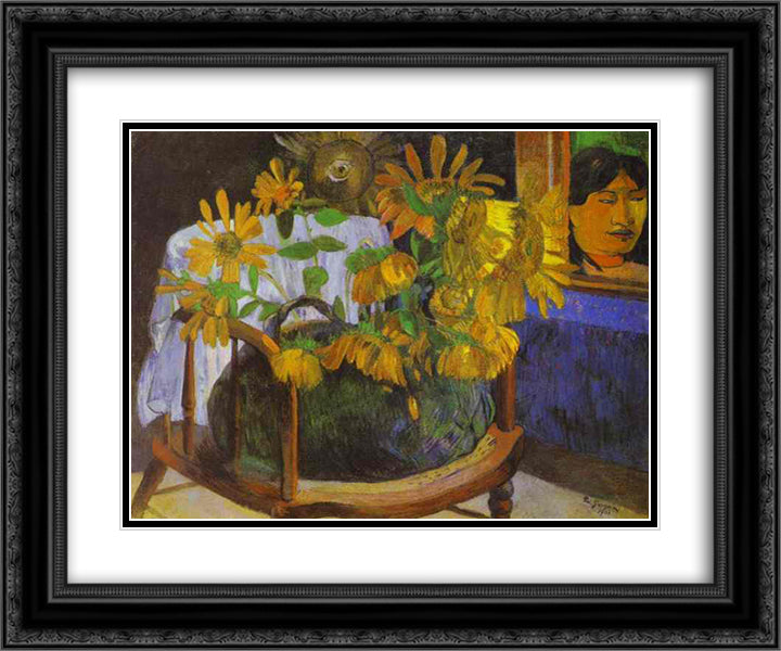 Still Life with Sunflowers on an armchair 24x20 Black Ornate Wood Framed Art Print Poster with Double Matting by Gauguin, Paul