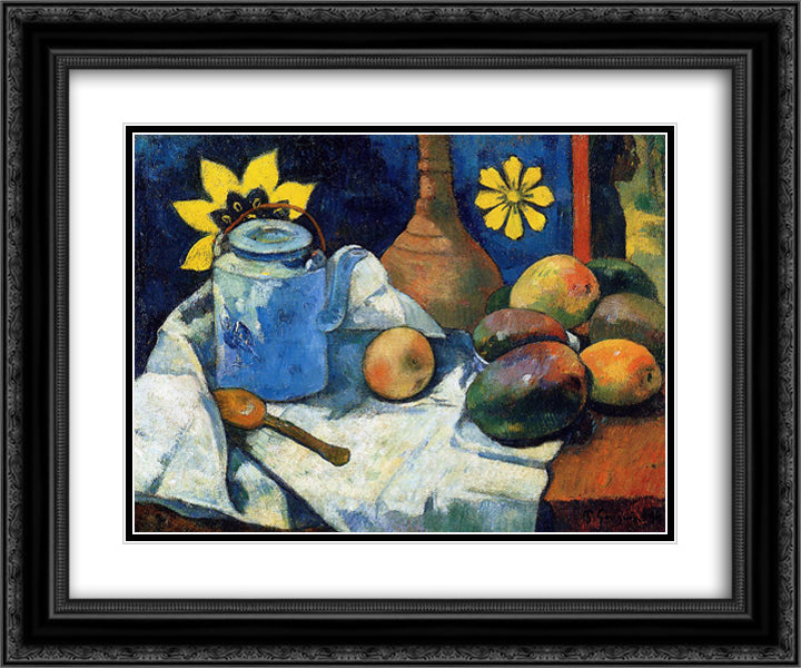 Still life with teapot and fruits 24x20 Black Ornate Wood Framed Art Print Poster with Double Matting by Gauguin, Paul