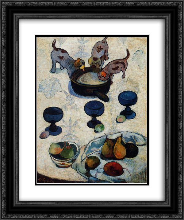 Still Life with Three Puppies 20x24 Black Ornate Wood Framed Art Print Poster with Double Matting by Gauguin, Paul