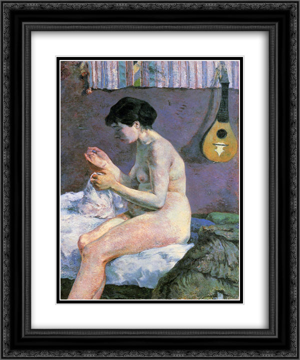 Suzanne Sewing - Study of a Nude 20x24 Black Ornate Wood Framed Art Print Poster with Double Matting by Gauguin, Paul