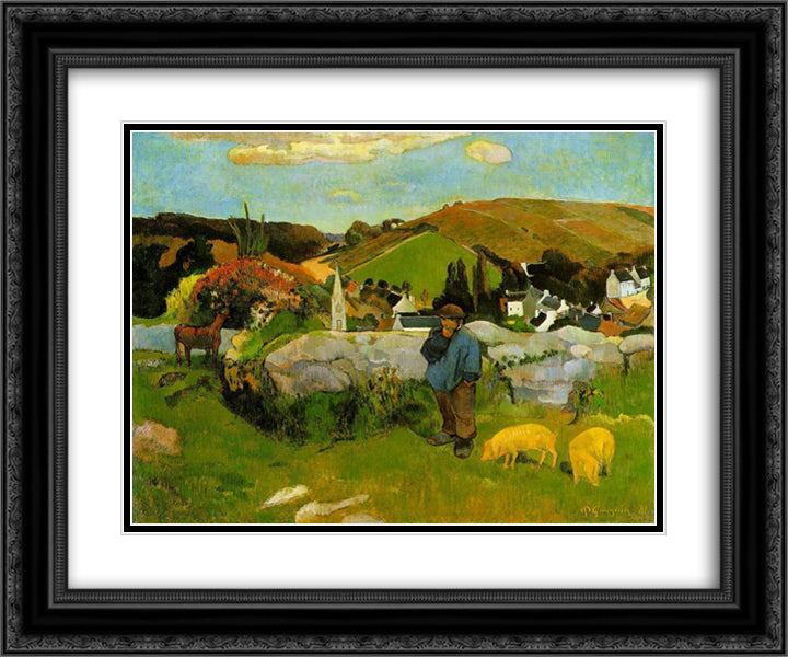 Swineherd, Brittany 24x20 Black Ornate Wood Framed Art Print Poster with Double Matting by Gauguin, Paul