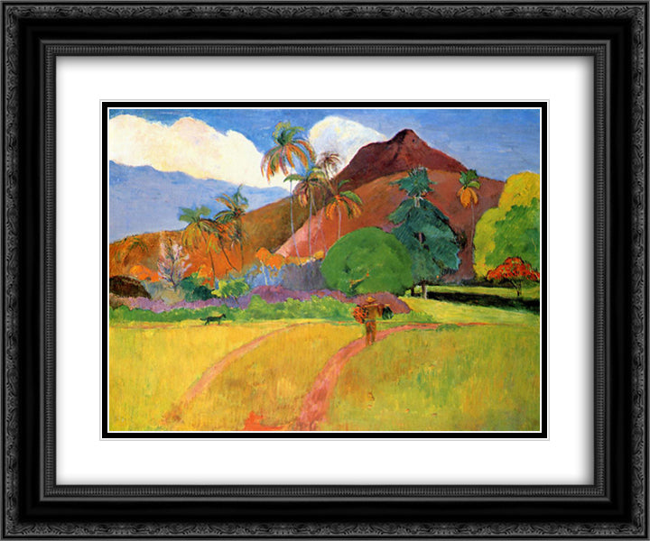 Tahitian mountains 24x20 Black Ornate Wood Framed Art Print Poster with Double Matting by Gauguin, Paul