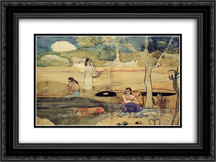 Tahitian Scene 24x18 Black Ornate Wood Framed Art Print Poster with Double Matting by Gauguin, Paul