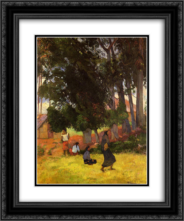 Tahitian village 20x24 Black Ornate Wood Framed Art Print Poster with Double Matting by Gauguin, Paul